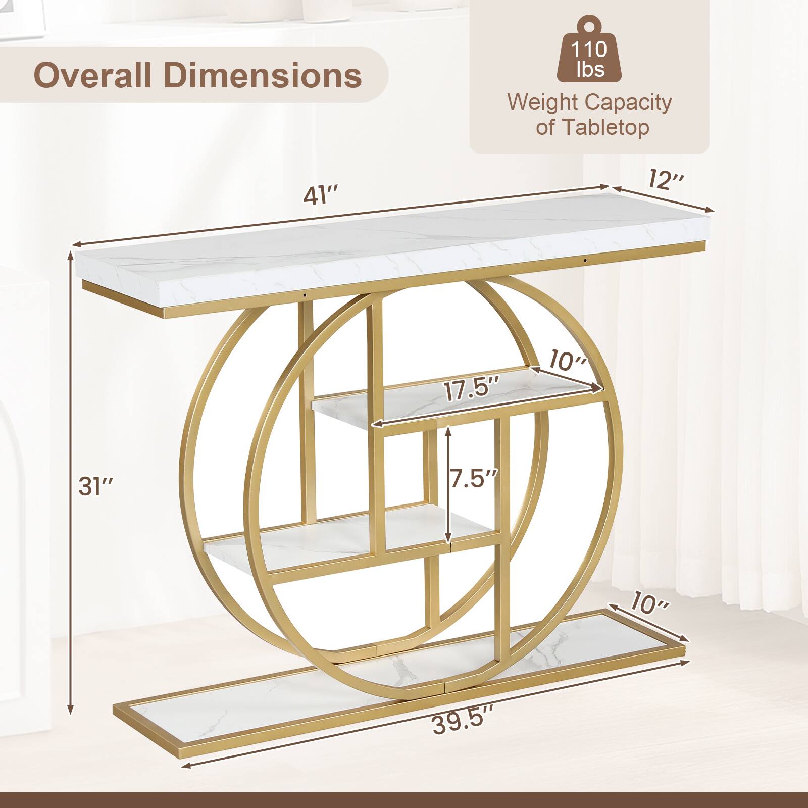 Overall Dimensions: 41" x 12" x 31"  
Weight Capacity of Tabletop: 110 lbs  
Shelf Dimensions: 17.5" x 10" x 7.5"  
Base Dimensions: 39.5" x 10"