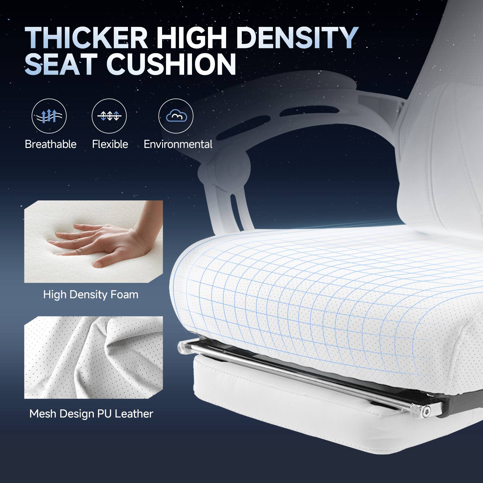 The text on the image is grouped and corrected as follows:
"Thicker High Density Seat Cushion - Breathable, Flexible, Environmental, High Density Foam, Mesh Design, PU Leather."
