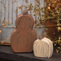 Angle. BreeBe - 2/Set Carved Wooden Pumpkin & Gourd Sitter - Orange, Off-White.
