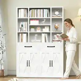 Boyel Living - 71-Inch Metal Bookcase with Adjustable Shelves, 2 Drawers and 2 Doors - White