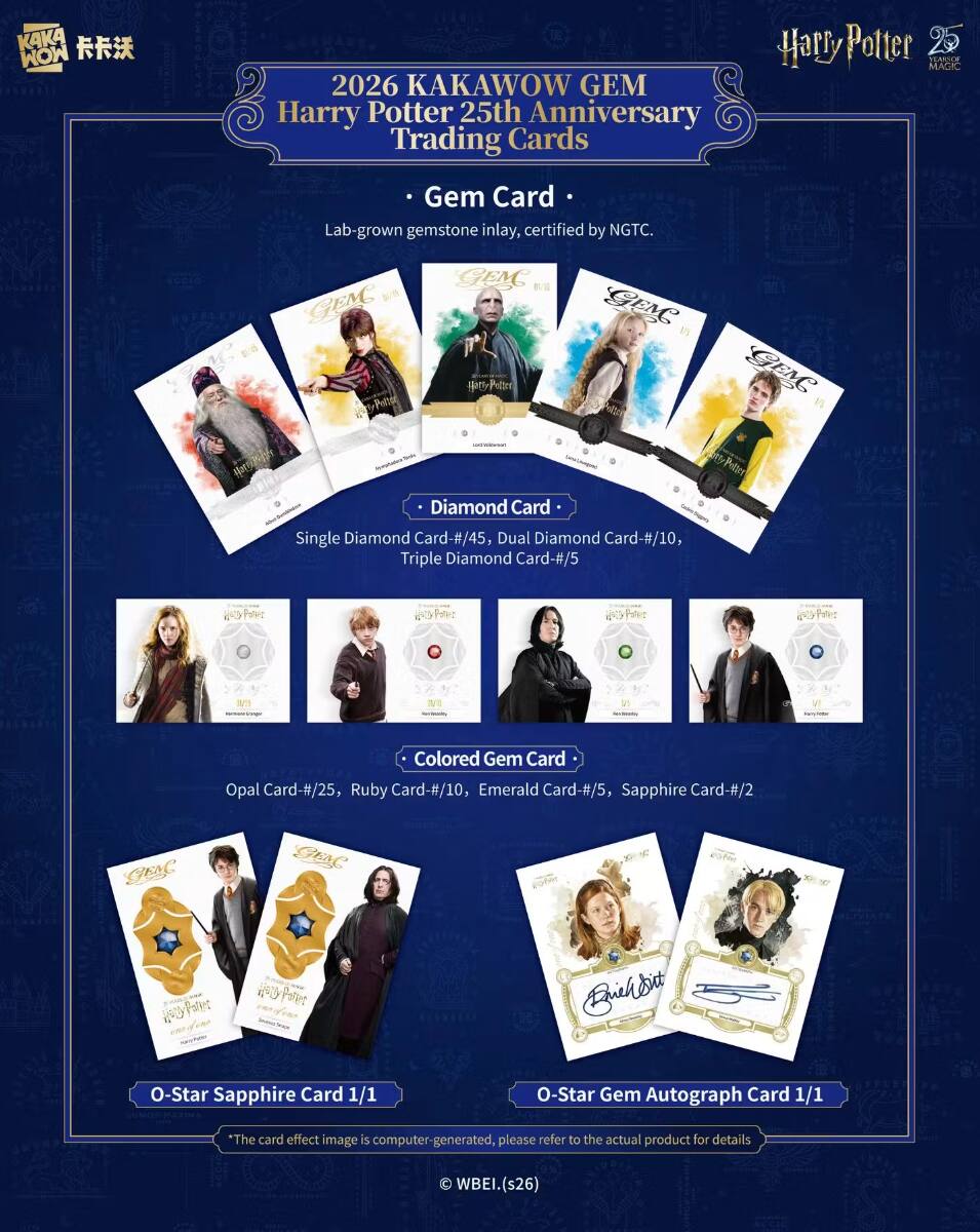 2026 KAKAWOW GEM Harry Potter 25th Anniversary Trading Cards Gem Card Lab-grown gemstone inlay, certified by NGTC.

- Gem Card
  - Lab-grown gemstone inlay, certified by NGTC.

- Diamond Card
  - Single Diamond Card-#/45, Dual Diamond Card-#/10, Triple Diamond Card-#/5

- Colored Gem Card
  - Opal Card-#/25, Ruby Card-#/10, Emerald Card-#/5, Sapphire Card-#/2

- O-Star Sapphire Card 1/1
- O-Star Gem Autograph Card 1/1

*The card effect image is computer-generated, please refer to the actual product for details

BEI.(s26)