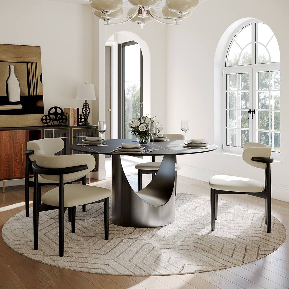 Left. POVISON - 51" Round Dining Table Black Matte Sintered Stone with U-shaped Gray Steel Base - Black Matte Sintered Stone with Gray Steel Base.