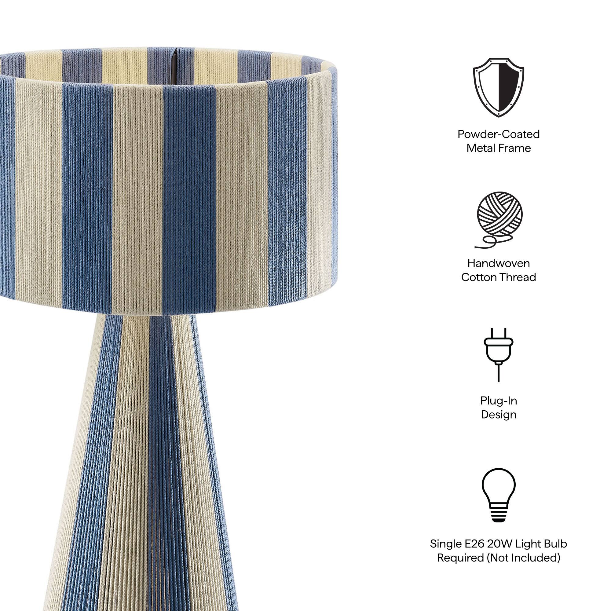 - Powder-Coated Metal Frame
- Handwoven Cotton Thread
- Plug-In Design
- Single E26 20W Light Bulb Required (Not Included)