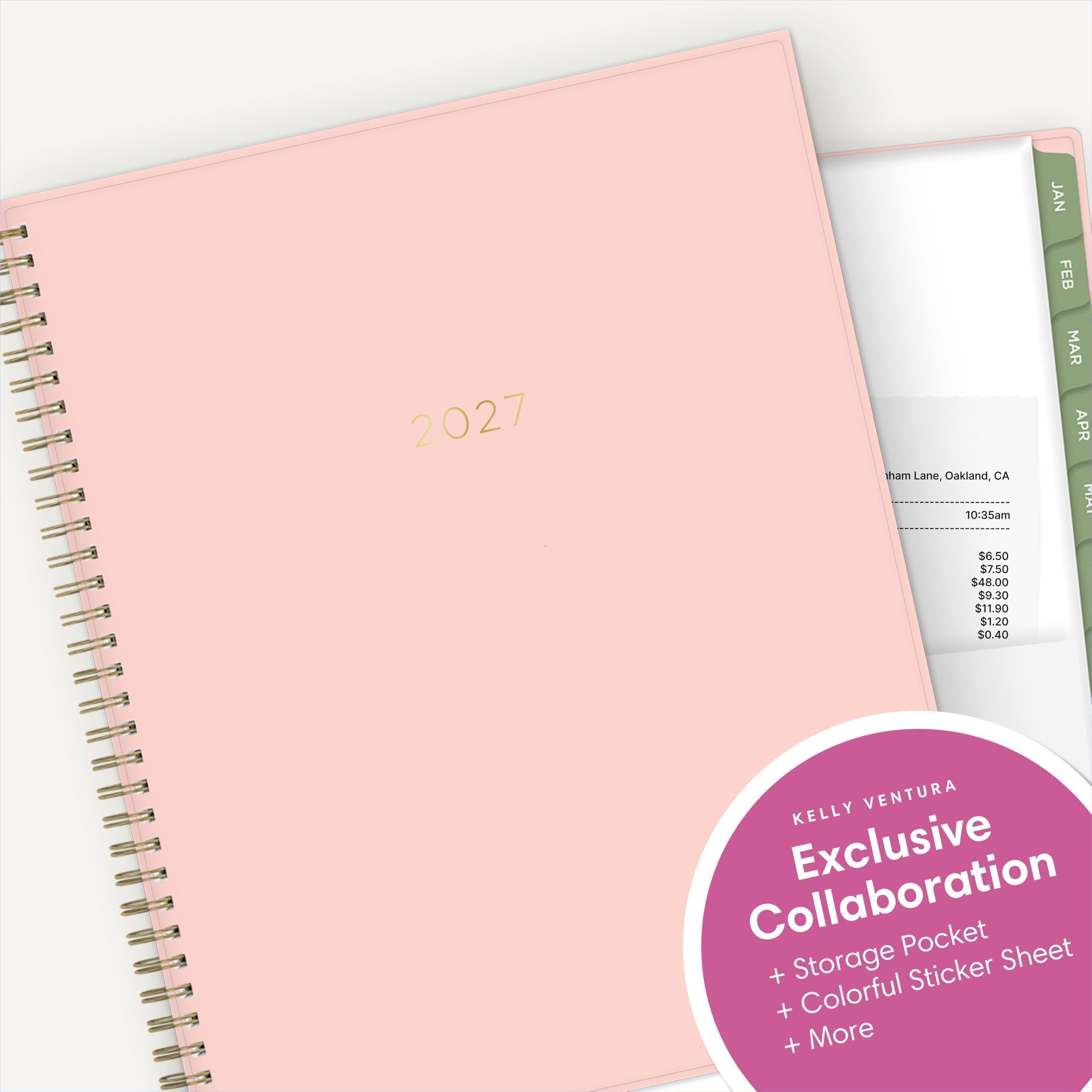 2027  
Ham Lane, Oakland, CA  
10:35am  
$6.50 $7.50 $48.00 $9.30 $11.90 $1.20 $0.40  
JAN FEB MAR APR MAY  
KELLY VENTURA Collaboration Exclusive Storage Pocket Sheet + Colorful Sticker Sheet + More