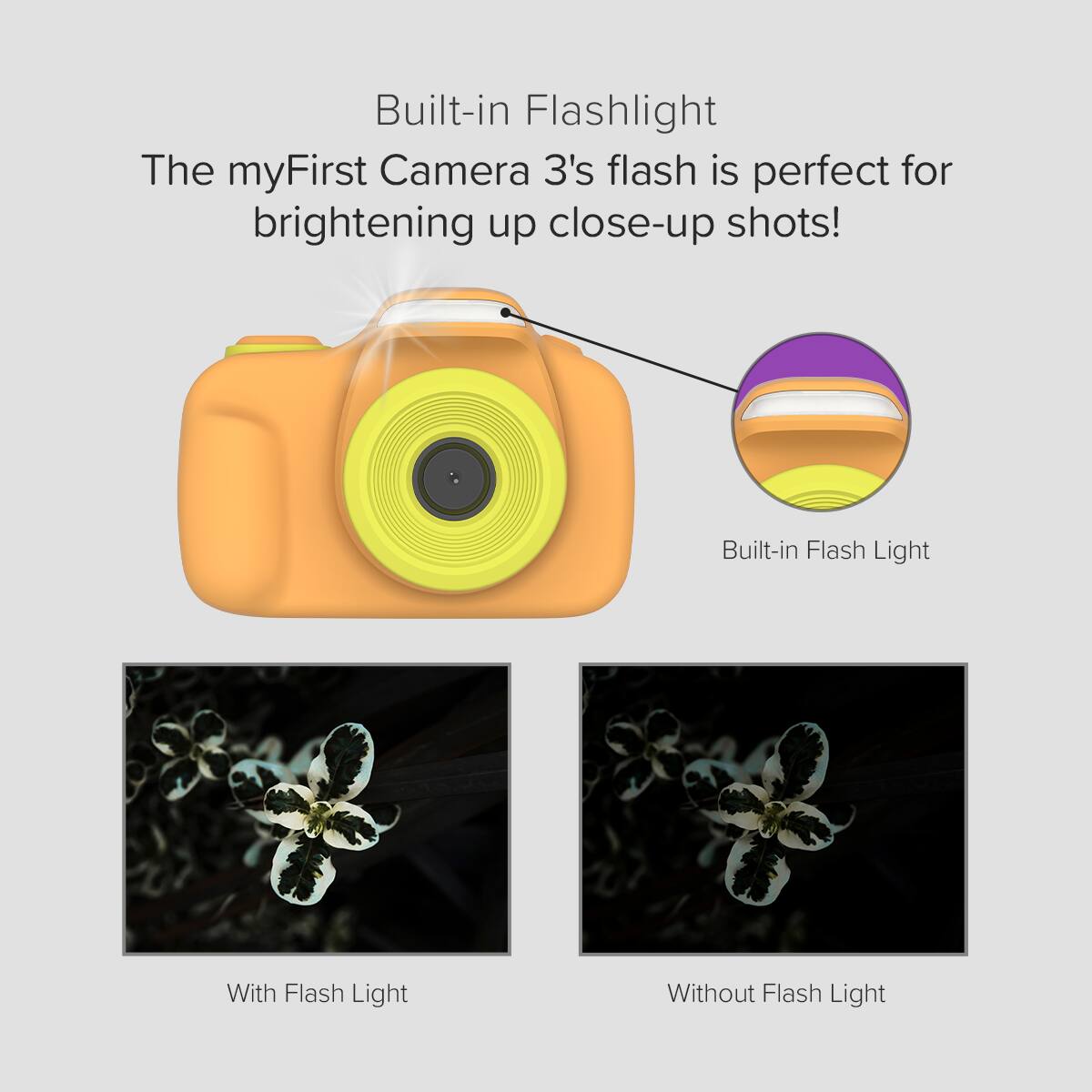 Built-in Flashlight  
The myFirst Camera 3's flash is perfect for brightening up close-up shots!  

Built-in Flash Light  

With Flash Light  
Without Flash Light