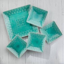 Euro Ceramica Home - Peacock 5-Piece Square Appetizer Plate Set - Lagoon
