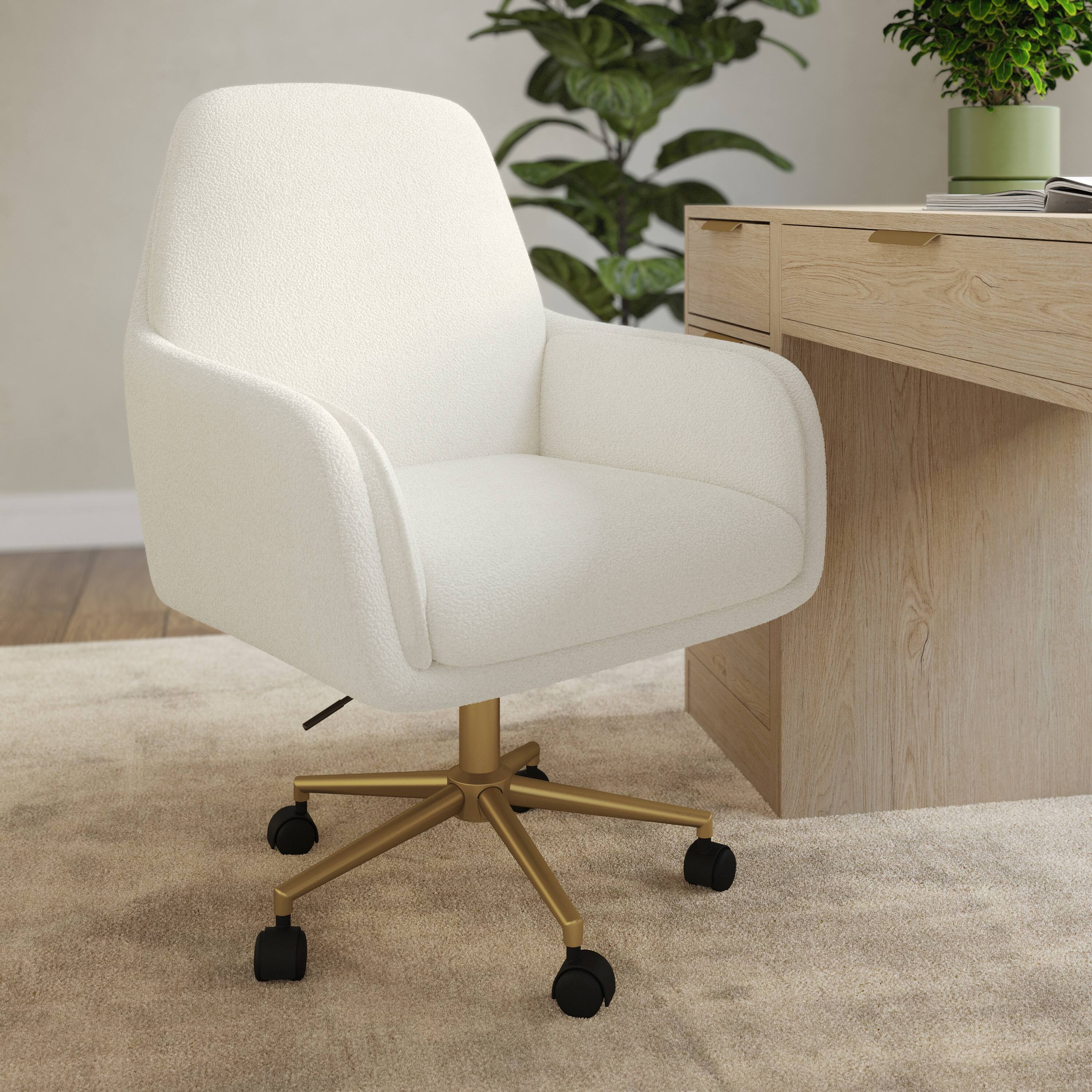 Alt View 4. Martha Stewart - Clara Upholstered Swivel Home Office Chair with Double Cushions - Off White Boucle/Polished Brass Frame.