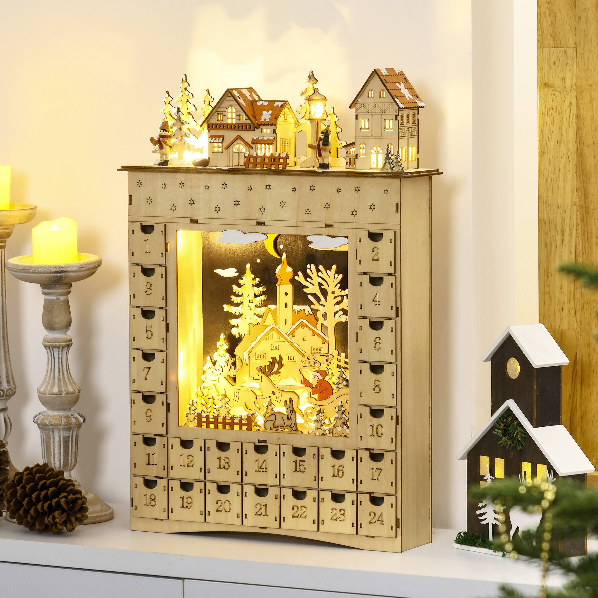 Alt View 1. Homcom - Christmas Advent Calendar, Light Up Wooden Holiday Decor w/ 24 Countdown Drawers & LEDs - Natural Wood.
