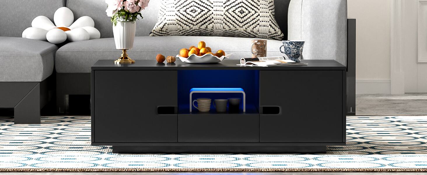 Alt View 1. Tiramisubest - Modern High Glossy Rectangle Coffee Table,Stylish Center Table with Storage Space,Accent Table with 16 Color LED Lights - Black.