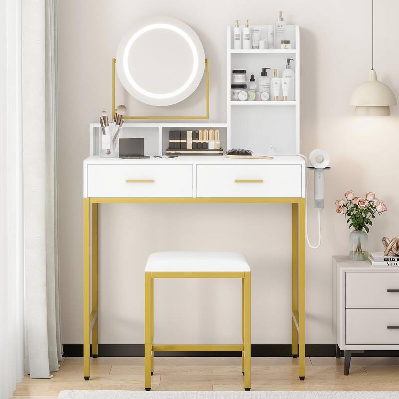 Front. Qeetex - Vanity Table with Adjustable Mirror, LED Lights, Power Outlets, Drawers, Stool, Bedroom Makeup Desk - White and Gold.