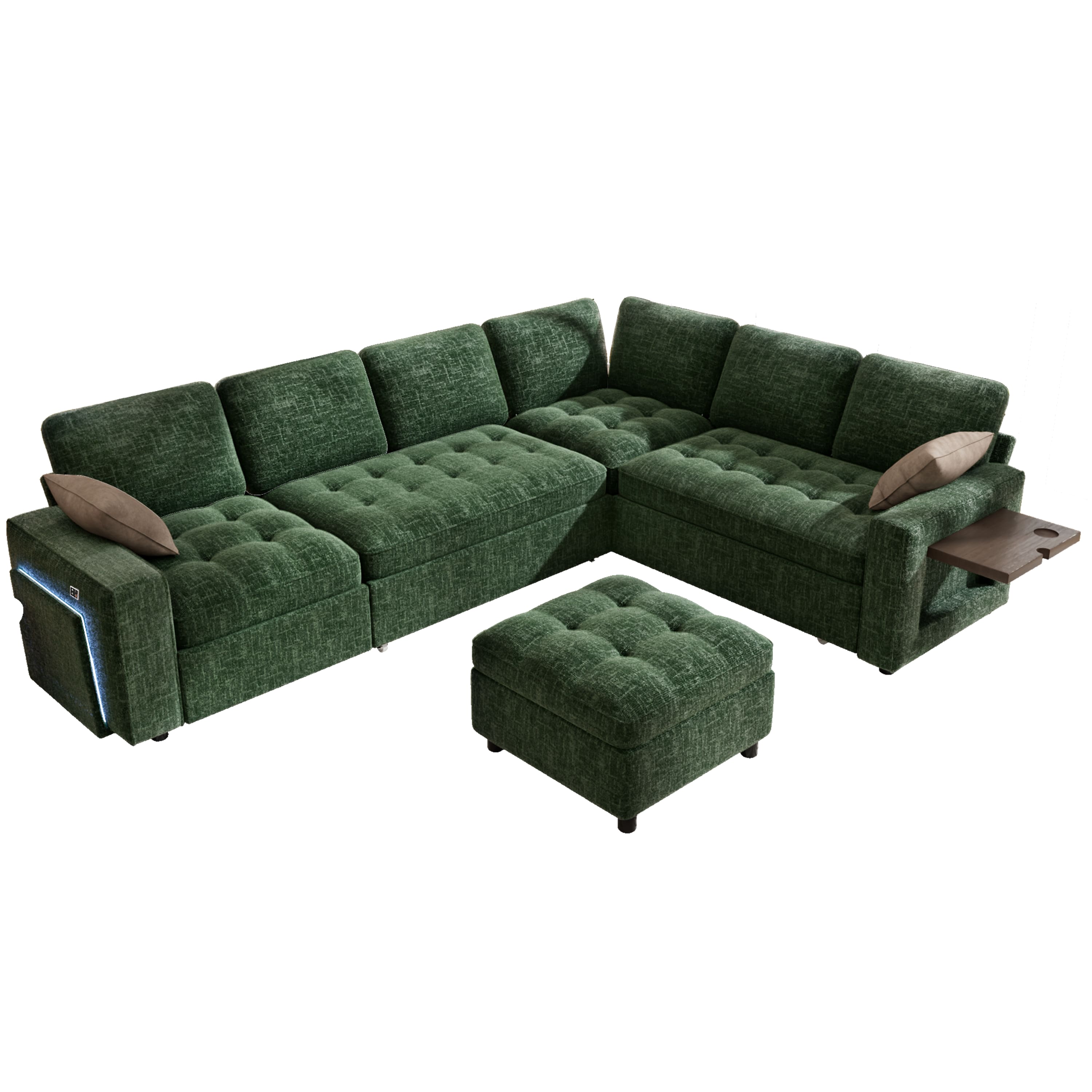 Vipbear - 7-seater sofa, adjustable backrest, with side pockets, small table board and storage, tool-free assembly - Green