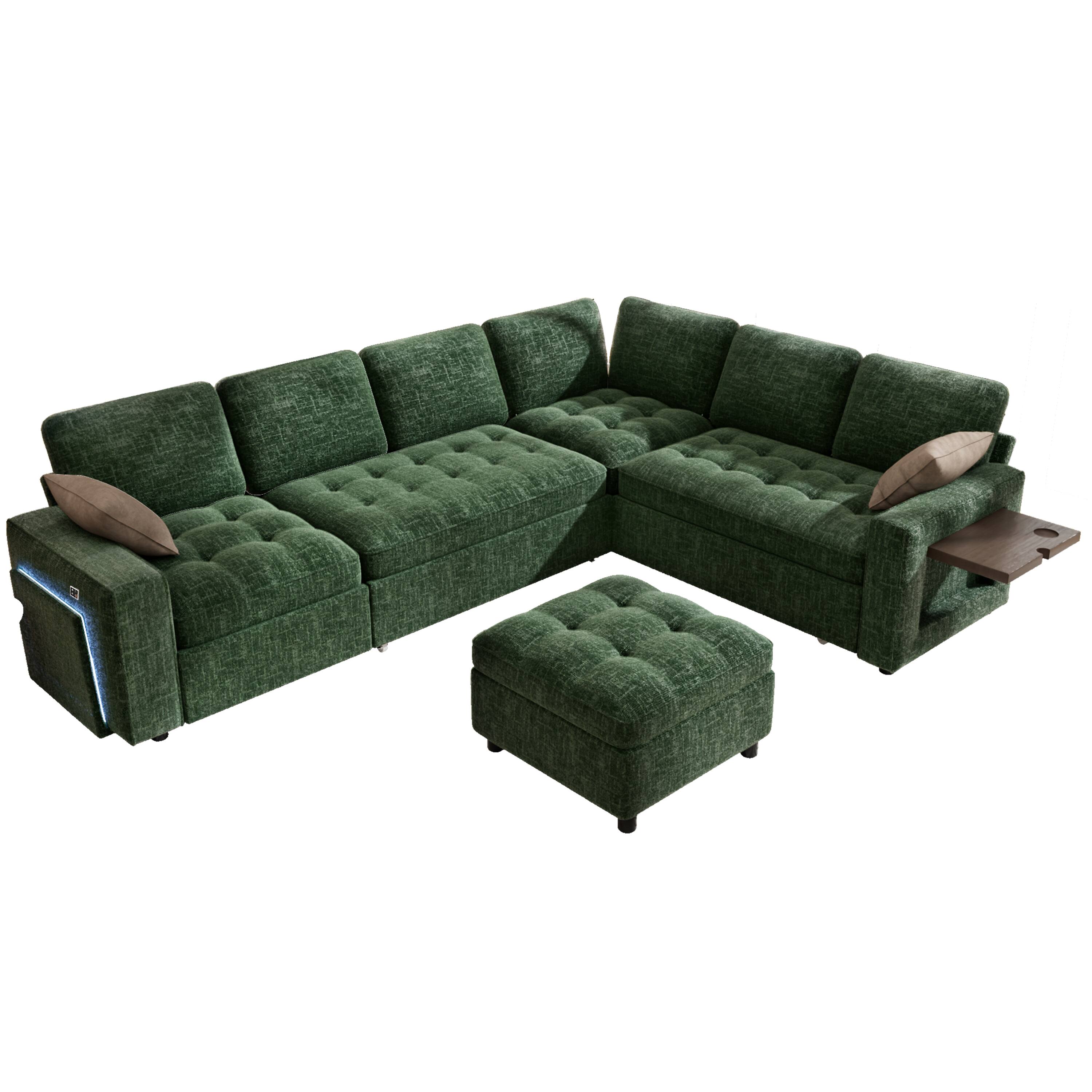 Front. Vipbear - Vipbear 7-seater sofa, adjustable backrest, with side pockets, small table board and storage, tool-free assembly - Green.