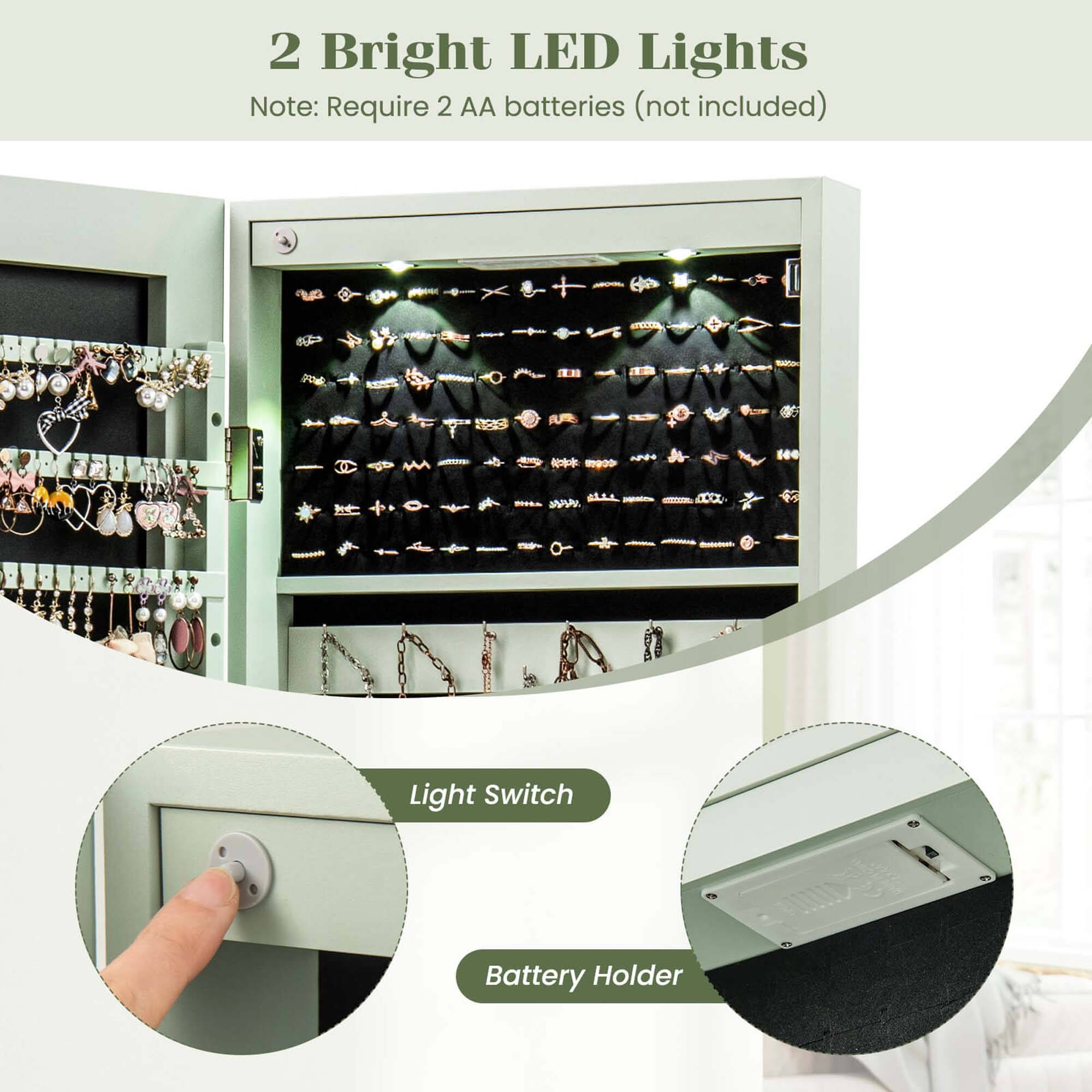 2 Bright LED Lights  
Note: Require 2 AA batteries (not included)  

Light Switch  
Battery Holder