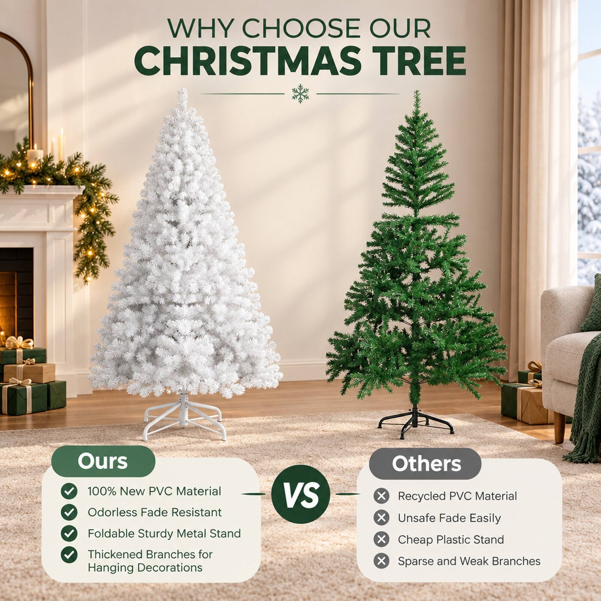 WHY CHOOSE OUR CHRISTMAS TREE

Ours
- 100% New PVC Material
- Odorless Fade Resistant
- Foldable Sturdy Metal Stand
- Thickened Branches for Hanging Decorations

VS

Others
- Recycled PVC Material
- Unsafe Fade Easily
- Cheap Plastic Stand
- Sparse and Weak Branches