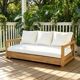 Whisen - 67.5" W Outdoor 3-Seater Sofa, Acacia Wood Patio Daybed with Thick Cushions & Adjustable Foot Pads - Teak|Beige