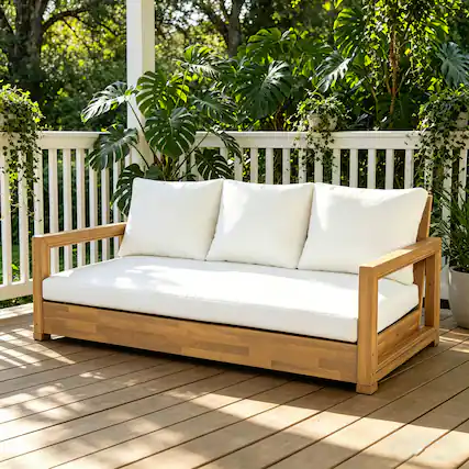 Front. Whisen - 67.5" W Outdoor 3-Seater Sofa, Acacia Wood Patio Daybed with Thick Cushions & Adjustable Foot Pads - Teak|Beige.