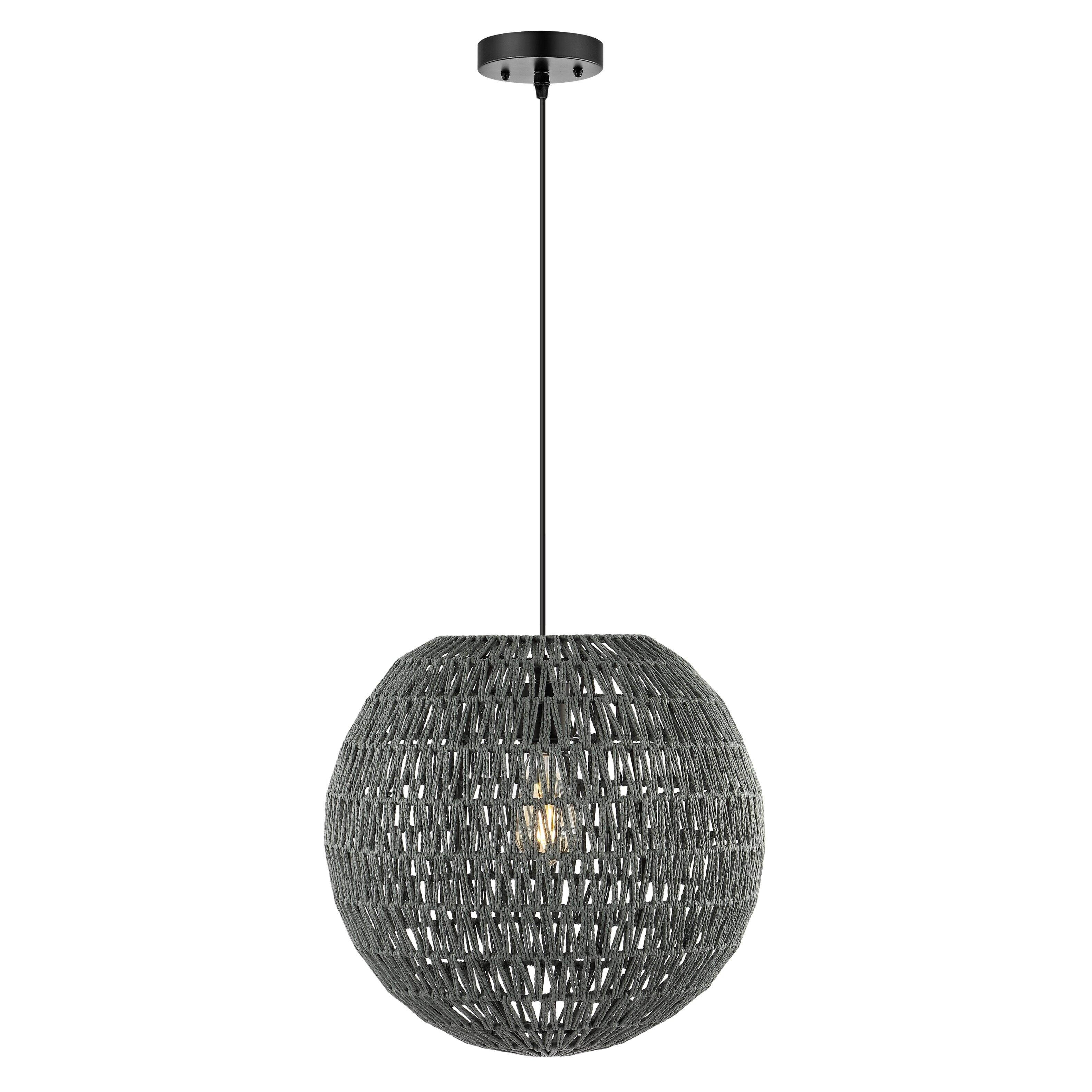 Front. Jonathan Y - Luna 15.75" 1-Light Bohemian Modern Woven Rattan/Iron LED Pendant, Grey/Black - Gray.