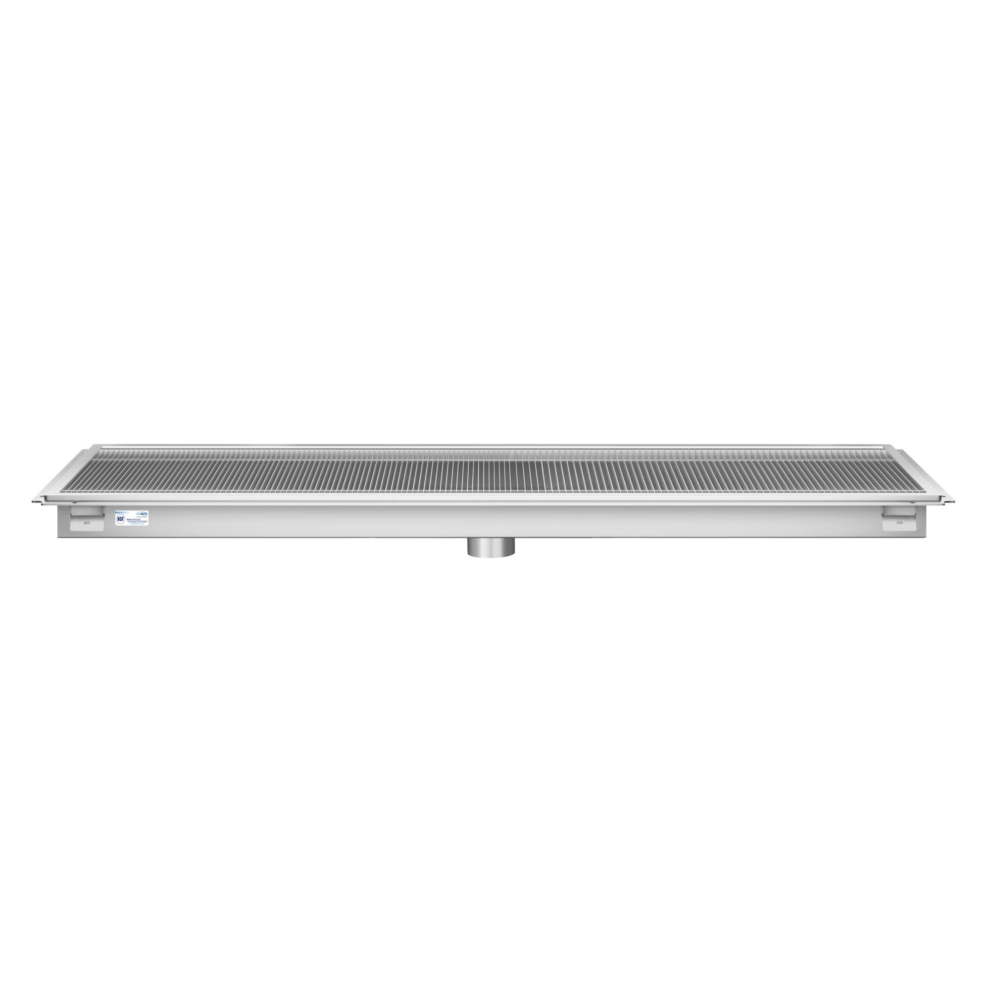Back. Koolmore - 24" x 72" Stainless Steel Floor Trough Drain, 14-Gauge with Subway-Style Grating & Removable Drain Basket, NSF Listed - Stainless-Steel.