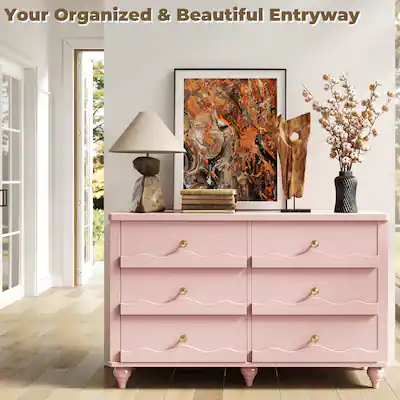 pink modern dresser YYAo Particle Board 6 Drawer Dresser, Large Modern Chest of 6 Drawers Night Table, Storage Cabinet for Bedroom, Closet, Living Room, Pink