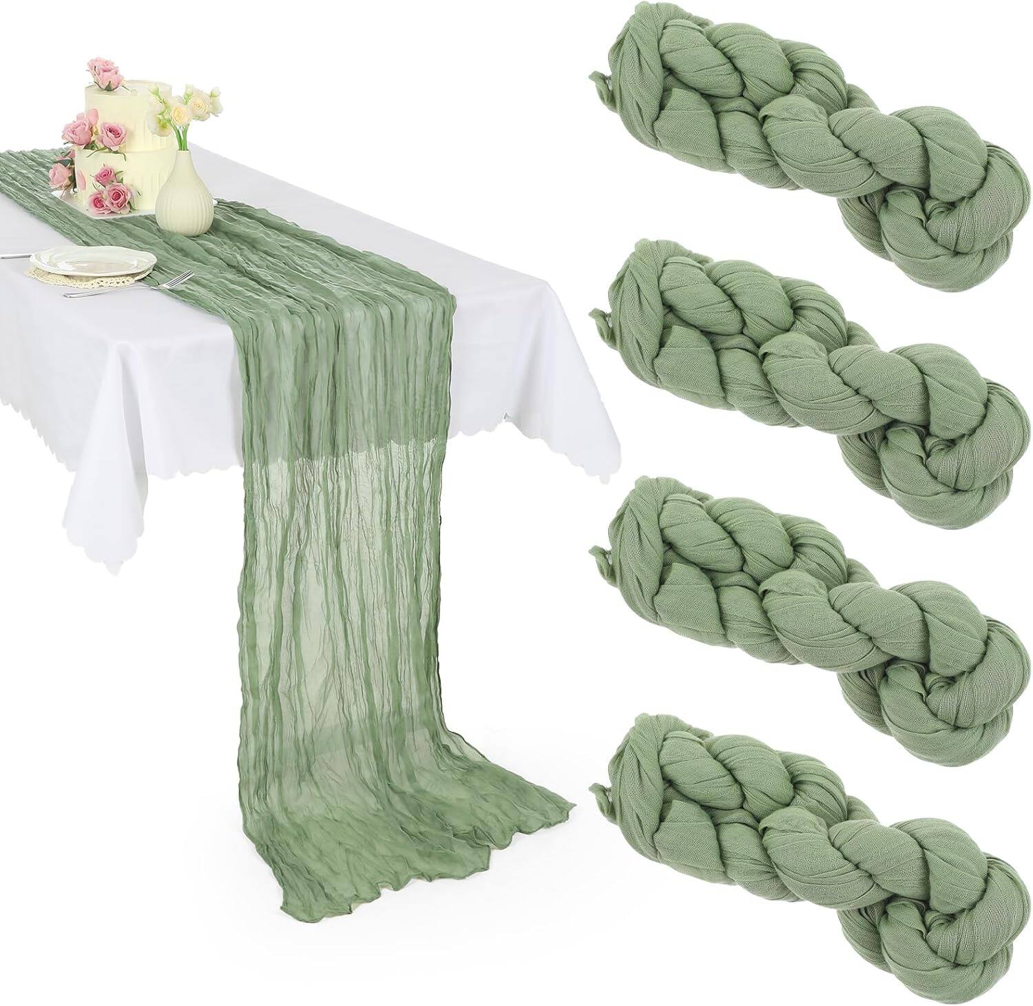Auledio - 4pcs Vintage Semi-Sheer Chiffon Table Runner Pleated Table Cloth For Wedding Party Christmas Banquet - Sage Green