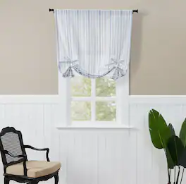 Kate Aurora - Country Farmhouse Cotton Striped Tie Up Window Curtain - 63 in. Long - Blue