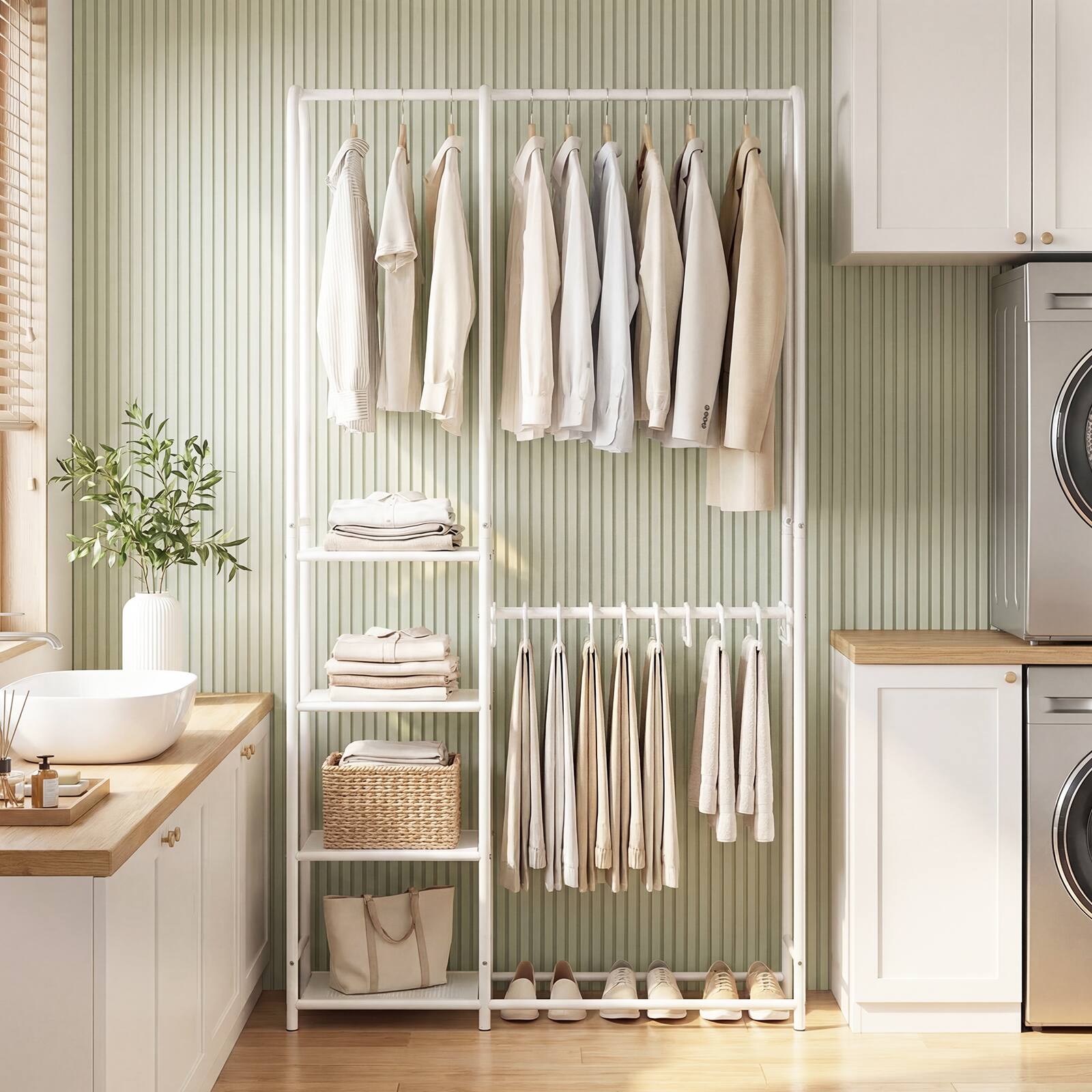 Alt View 5. Gymax - Gymax Portable Closet w/Pants Hangers 2 Hanging Rods 4 Storage Shelves for Bedroom White - White.