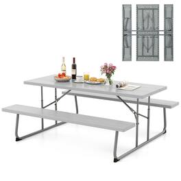 Gymax - Folding Picnic Table w/ 2 Benches 6 FT Camping Table Set w/ All-Weather HDPE Tabletop Grey - Gray
