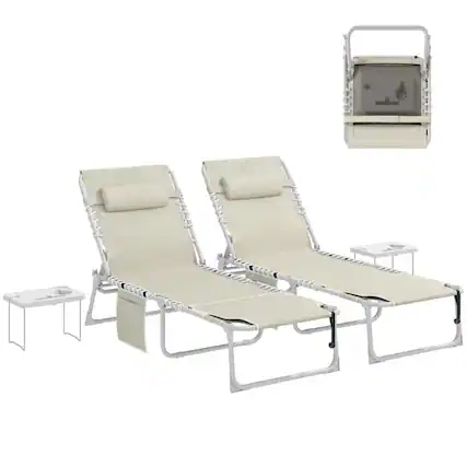 Front. PULUZ - Tanning Chair Set of 2 with Face Hole and Side Table, 5-Position Folding Outdoor Chaise Lounge Chair - Beige.