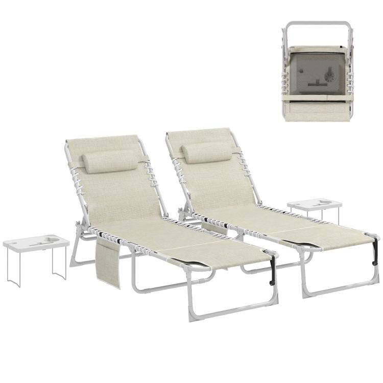 PULUZ - Tanning Chair Set of 2 with Face Hole and Side Table, 5-Position Folding Outdoor Chaise Lounge Chair - Beige