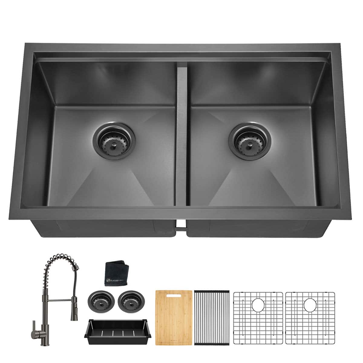 33x19 Inch Undermount Gunmetal Double Bowl 18Gauge Stainless Steel Kitchen Sink with Faucet