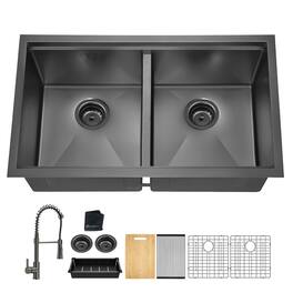 33x19 Inch Undermount Gunmetal Double Bowl 18Gauge Stainless Steel Kitchen Sink with Faucet