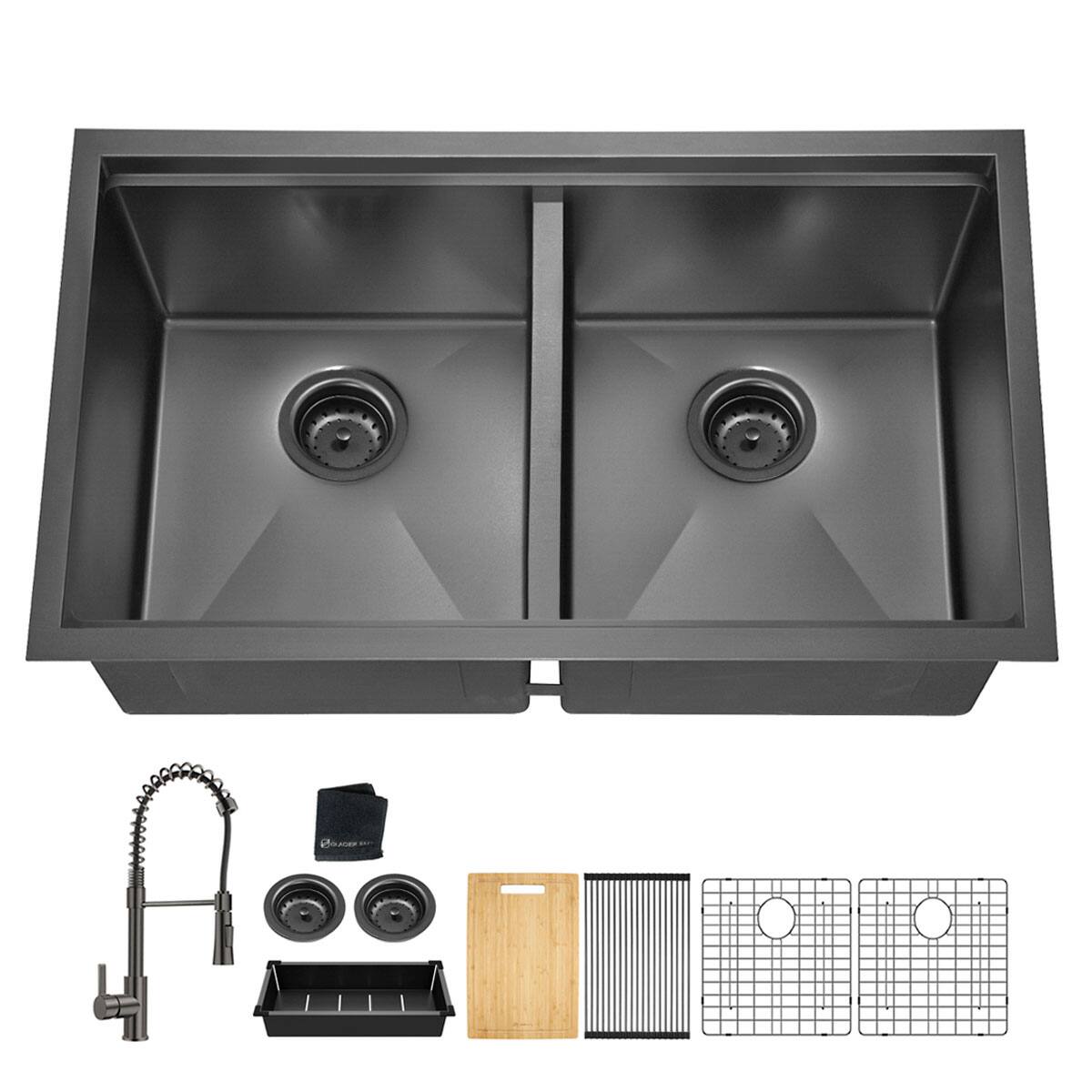 Front. TinyHomie - 33x19 Inch Undermount Gunmetal Black Double Bowl 18Gauge Stainless Steel Kitchen Sink with Faucet - Black.