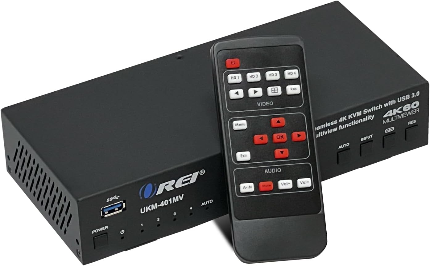 The text on the image can be grouped and corrected as follows:

- **Model:** REI SSC AUTO UKM-401MV
- **Features:** 
  - 4K60
  - 4K
  - KVM
  - Menu
  - Multiview
  - Input
  - Auto
  - Exit
  - Audio
  - Volume (Vol+ Vol-)
  - A-IN
- **Ports:** 
  - USB 3.0
  - Video with Switch
- **Buttons on Remote:**
  - HD 1, HD 2, HD 3, HD 4
  - Res
  - Video
  - Menu
  - Exit
  - Audio
  - Volume (Vol+ Vol-)
  - A-IN

This text describes a 4K60 KVM switch with USB 3.0 functionality, multiview capabilities, and an accompanying remote control.