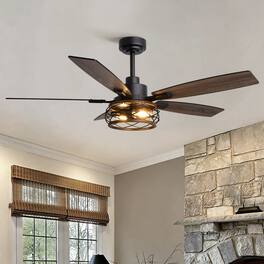 Siljoy - 52 Inch Farmhouse Cage Ceiling Fan with Light Remote Control Wood Grain Design Perfect for Bedroom Living Room - Black and Wood Grain