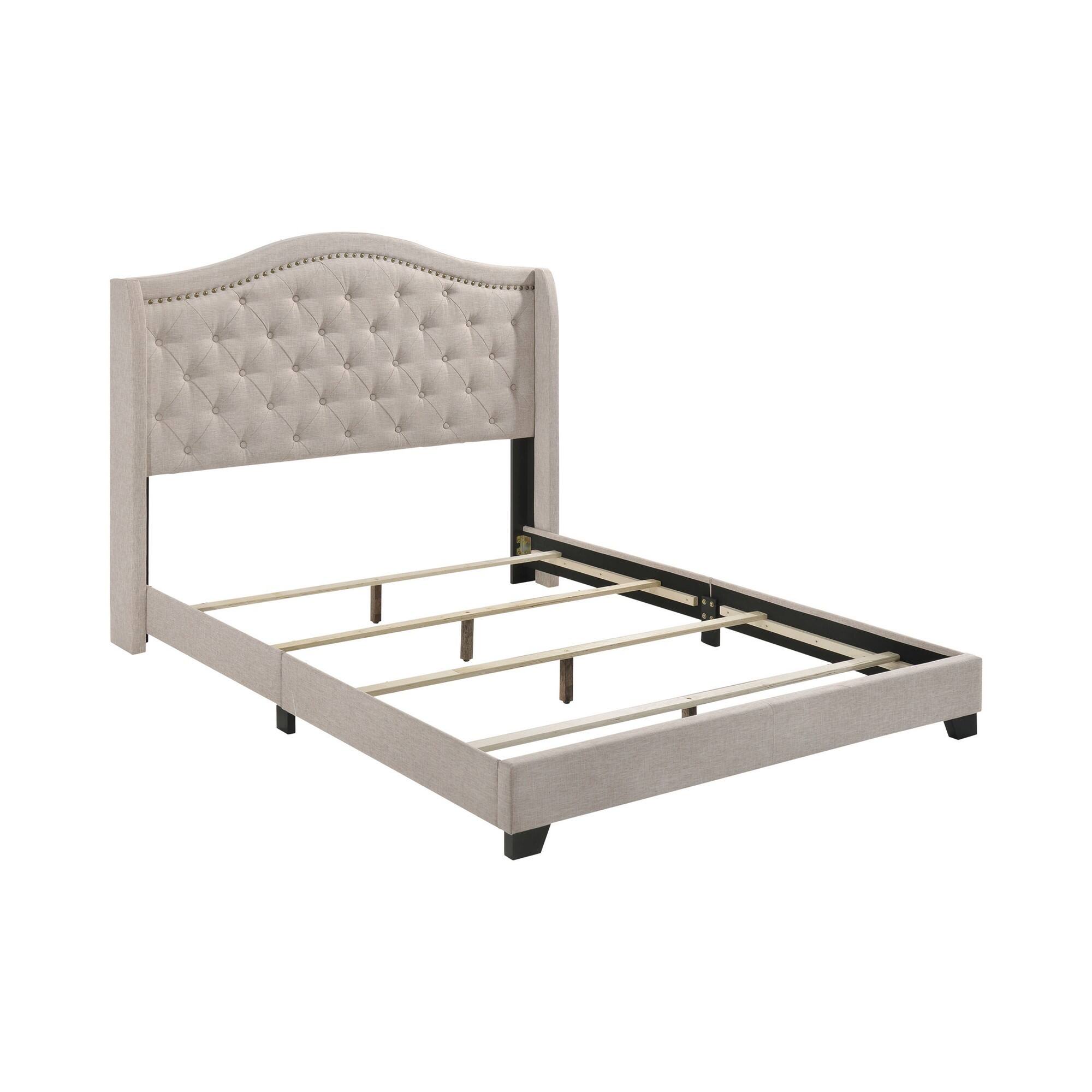 Alt View 1. Manhattan Lane - Queen Size Bed, Beige Fabric Upholstered, Camel Back, Button Tufted - Beige.