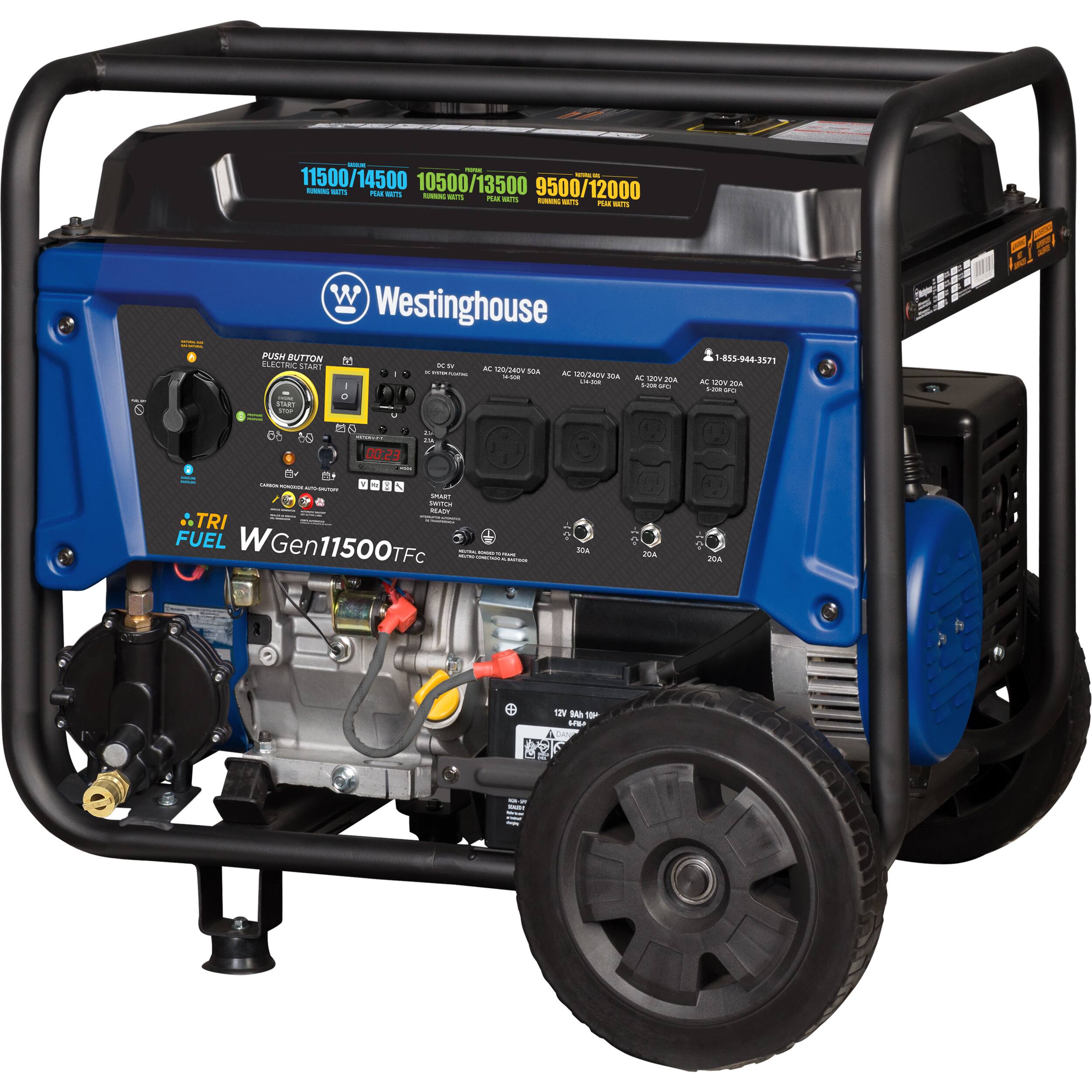 - 11500/14500
- 10500/13500
- 9500/12000
- Na
- I
- samg
- MM
- W Westinghouse
- PUSN
- PUTTON
- BLECTRR
- C 5
- CART
- A
- 124 SA
- AL
- i 100/240V
- u AL
- Sn
- Z
- -833-944-3577
- N y ia
- F
- 0 5e 00.23
- i
- 1
- SMART
- Ntae Am
- TRI FUEL
- WGen11500TFC
- A J0A
- JA 12
- SB

500/12000
- AC 120V/20A 30A
- AC 120V 30A
- AC 120V 20A
- 1-85