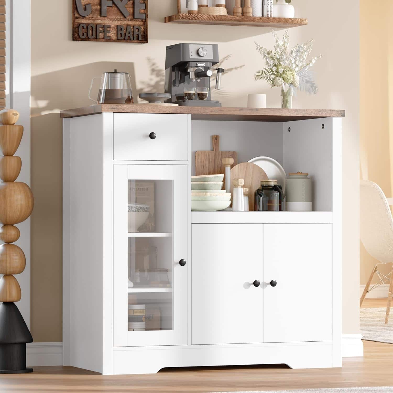 Homhougo - Storage Cabinet with Adjustable Shelves & Microwave Stand, Buffet Sideboard with Drawer - White