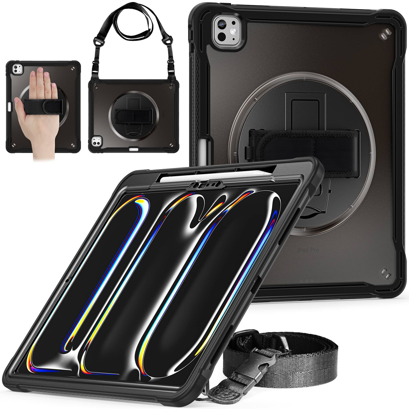 Angle. Dteck - Rugged Case for Apple iPad Pro (M4 2024/M5 2025) 11'' Shockproof Handstrap Foldable Kickstand Cover+Crossbody Strap - Black.