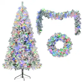 BreeBe - 6FT Snow Flocked Christmas Tree, Pre-Lit Set with Tree & Garland & Wreath - White,Green