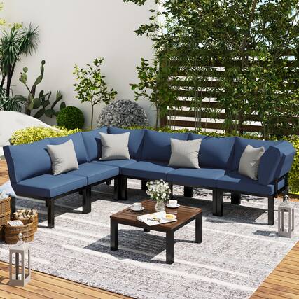 Front. Mondawe - 7-Piece Steel Patio Seating Set with Blue-Gray Cushions - Blue+Black.