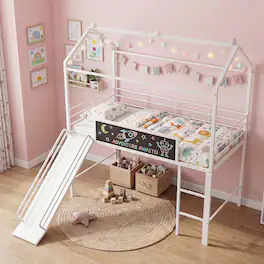 Gymax - Twin Size Loft Bed w/Ladder Slide Chalkboard & Metal Slats for Bedroom Dormitory - White