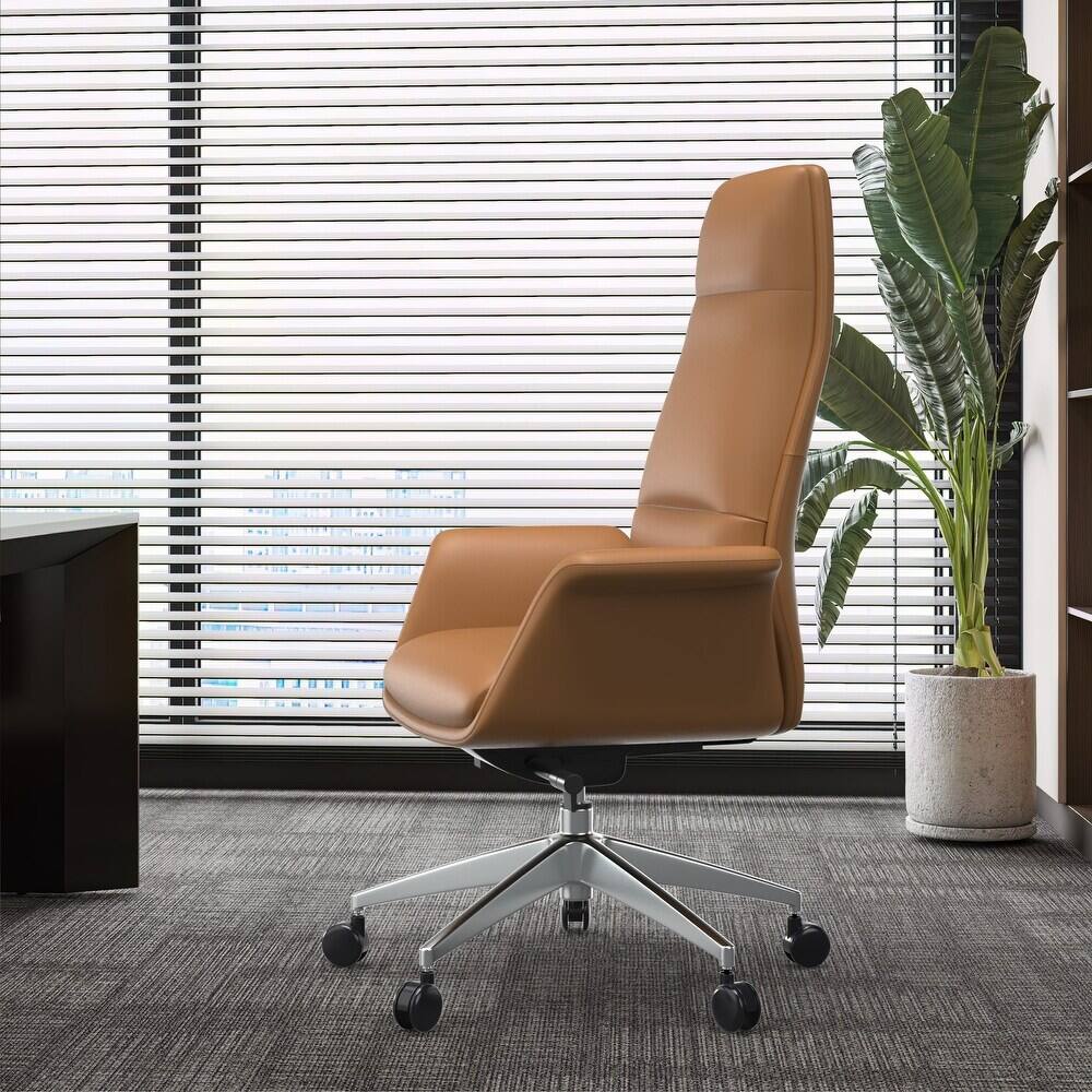 Left. LeisureMod - Summit High-Back Swivel Leather in Metal Frame Office Desk Chair with Adjustable Height, Tilt & Plush Cushion - Acorn Brown.