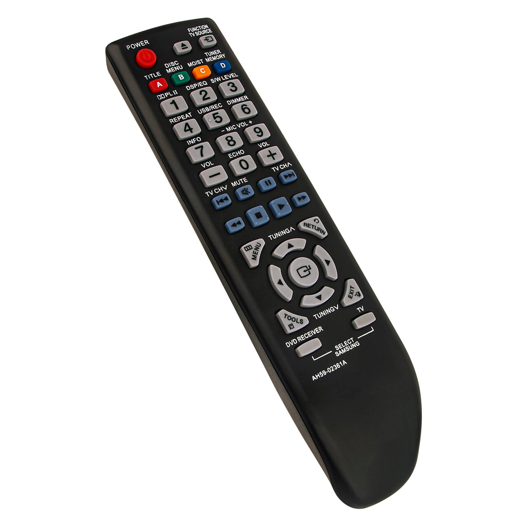 FUNCTION SOURCE  
POWER  
TUNER MOIST MEMORY DISC D  
MENU C  
TITLE B  
SM LEVEL A  
DSP/EQ 3  
COPLI 2  
DIMMER 1  
USB/REC 6  
REPEAT 5  
VOL 4  
MIC 9  
INFO 8  
VOL 7  
ECHO 0  
TV CHA -  
MUTE I  
TV CHV 14  
TUNINGA  
RETURN  
MENU EXIT & TUNINGV  
TV TOOLS B  
DVD RECEIVER ECT  
SAMSUNG  
SELECT  
AH59-02361A
