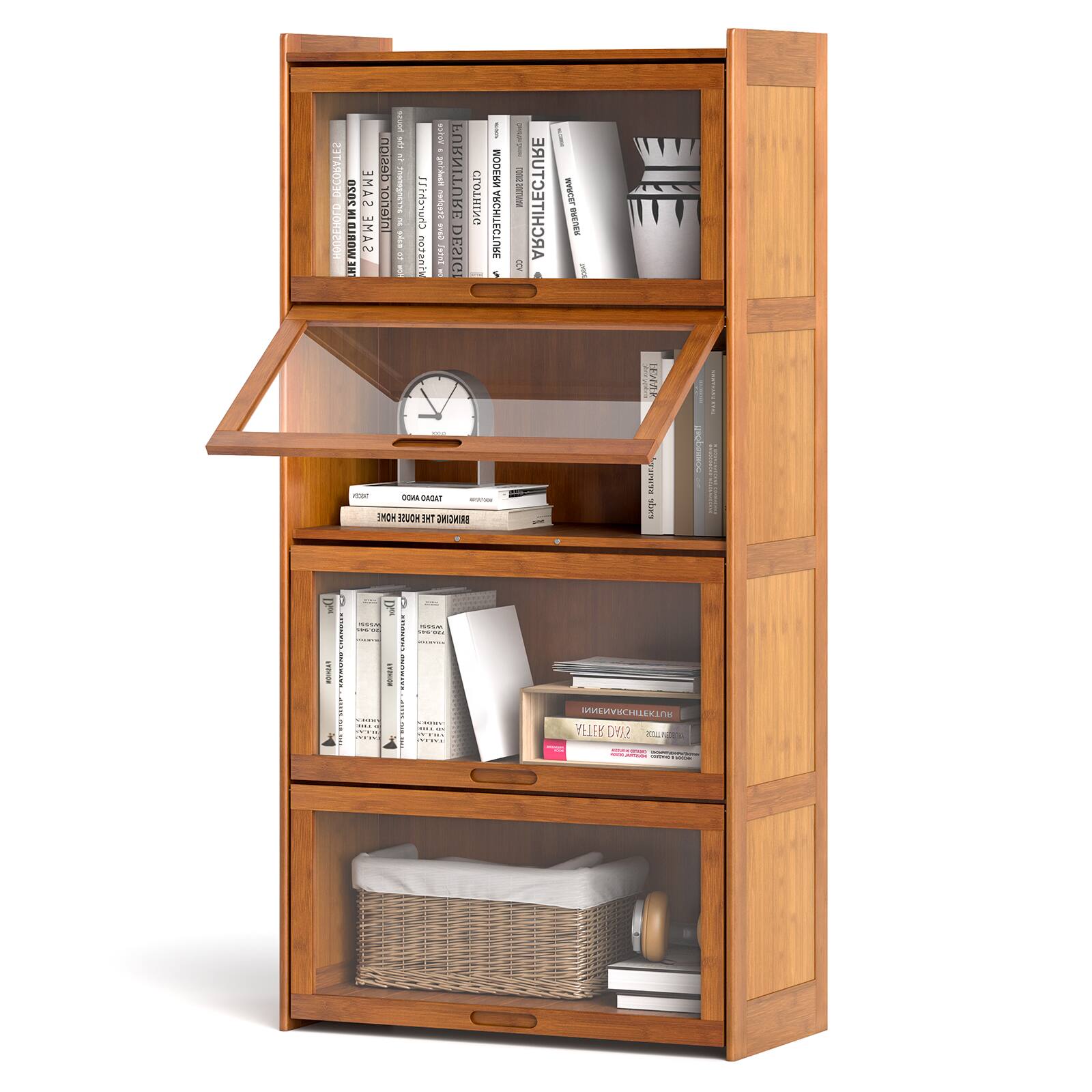 Gymax - 4-Tier Bamboo Bookshelf w/Doors See-through Acrylic Doors Freestanding Bookcase - Brown