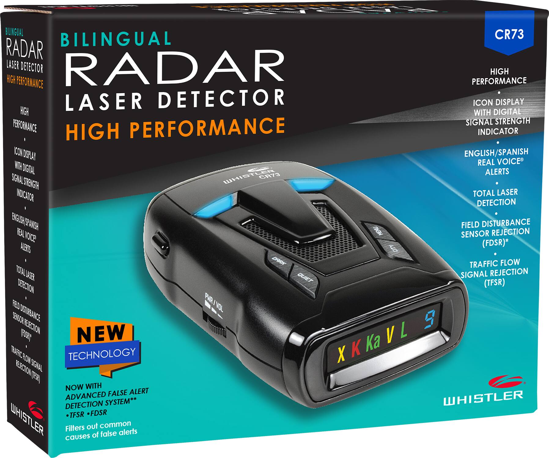 BILINGUAL RADAR LASER DETECTOR  
HIGH PERFORMANCE  

- ICON DISPLAY WITH DIGITAL SIGNAL STRENGTH INDICATOR  
- ENGLISH/SPANISH REAL VOICE ALERTS  
- TOTAL LASER DETECTION  
- FIELD DISTURBANCE SENSOR REJECTION (FDSR)*  
- TRAFFIC FLOW SIGNAL REJECTION (TFSR)  

NEW TECHNOLOGY  
NOW WITH ADVANCED FALSE ALERT DETECTION SYSTEM**  
Filters out common causes of false alerts  

CR73  

* FDSR: Field Disturbance Sensor Rejection  
** TFSR: Traffic Flow Signal Rejection