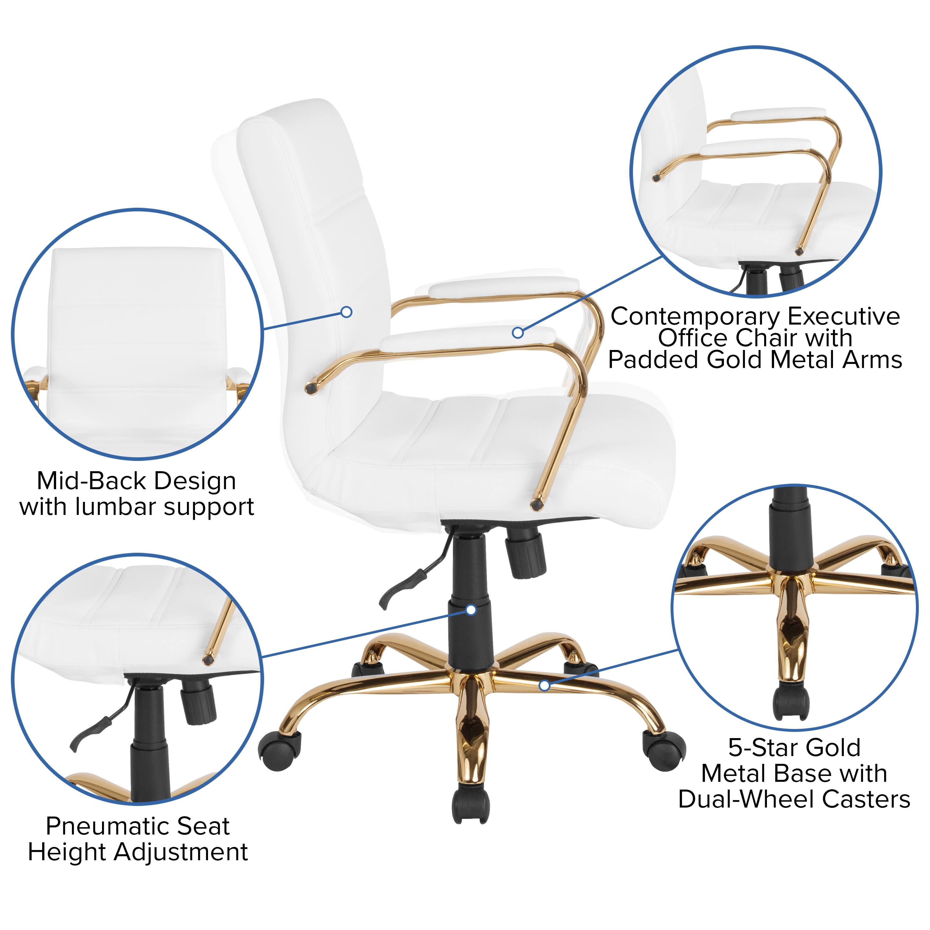 Contemporary Executive Office Chair with Padded Gold Metal Arms  
Mid-Back Design with lumbar support  
Pneumatic Seat Height Adjustment  
5-Star Gold Metal Base with Dual-Wheel Casters