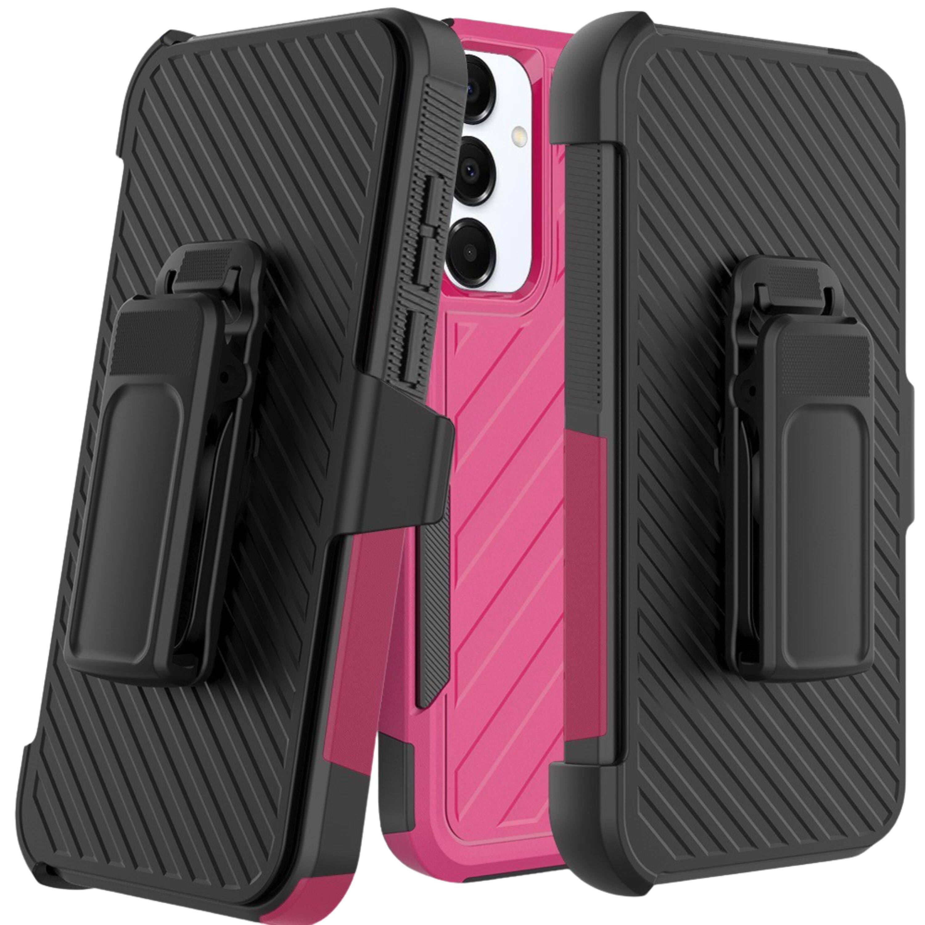 Angle. Kitcheniva - Heavy-Duty Holster Combo Lined Cover Plus Tempered Glass For Samsung A36/A56 Hot Pink/Black - Pink/ Black.