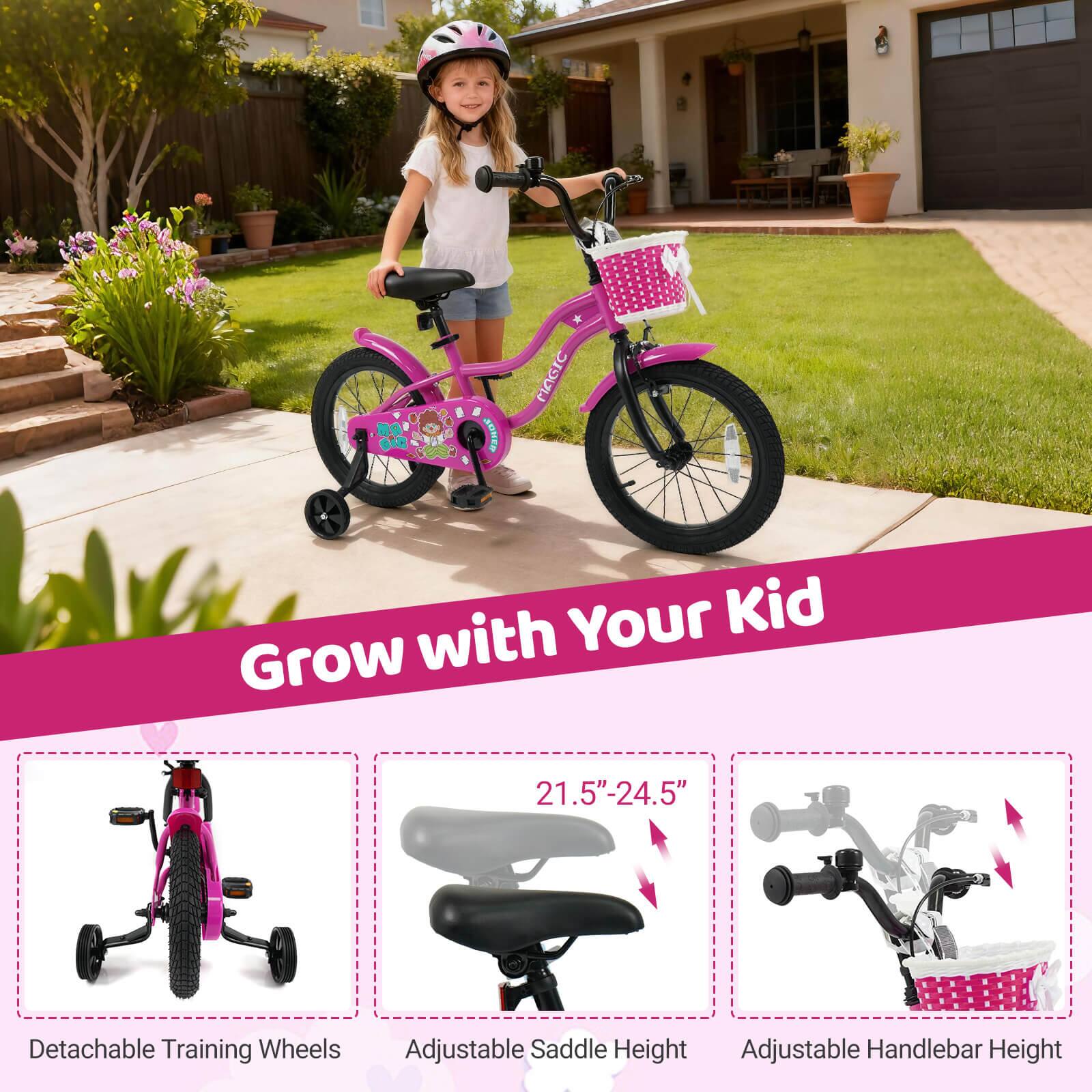 Sure, here is the corrected and grouped text from the image:

---

**SONEE JU FAGIC**

**Grow with Your Kid**

- **21.5"-24.5"** Adjustable Saddle Height
- **Adjustable Handlebar Height**
- **Detachable Training Wheels**

---

This text highlights the key features of the bicycle, emphasizing its adjustability and suitability for growing children.