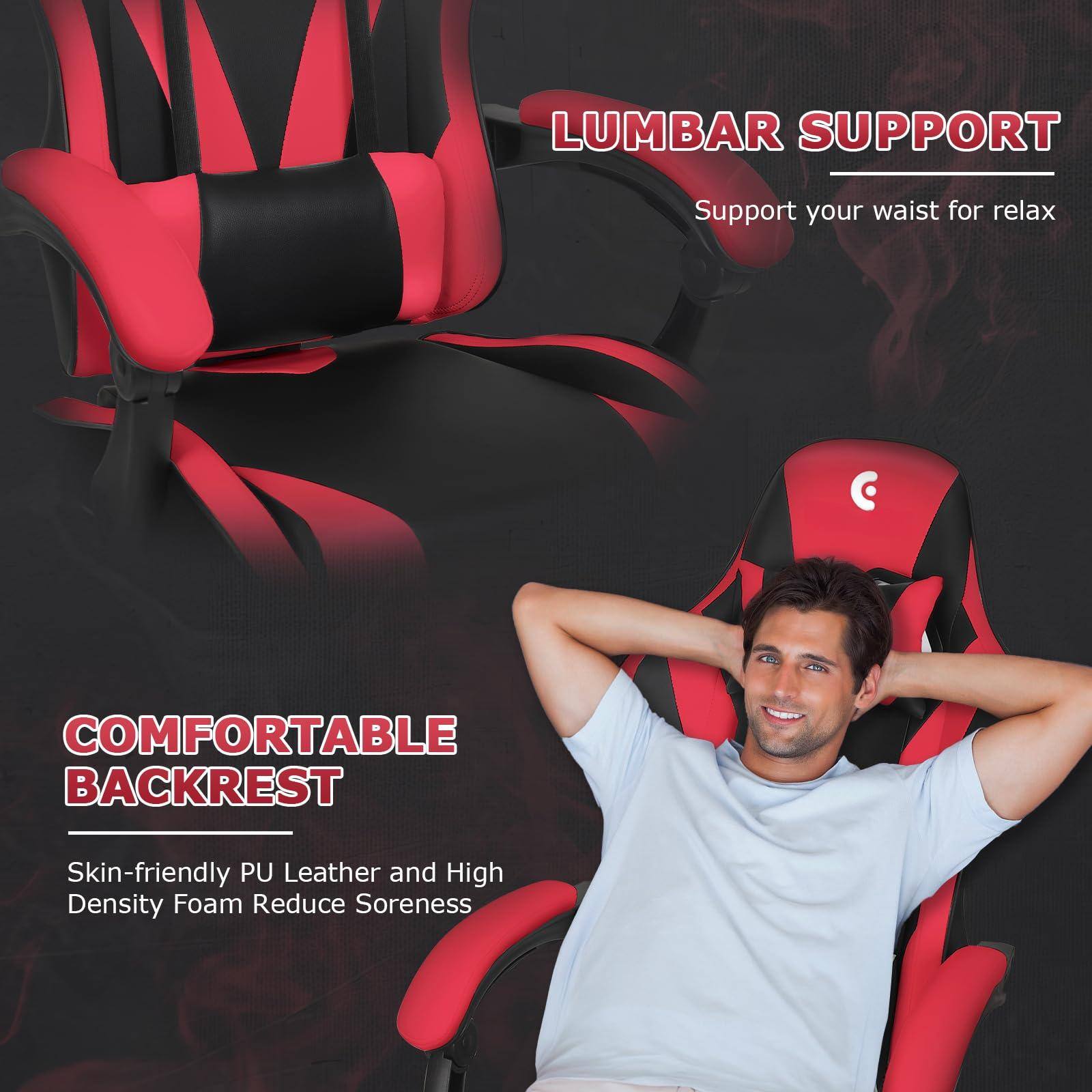 LUMBAR SUPPORT  
Support your waist for relax  

COMFORTABLE BACKREST  
Skin-friendly PU Leather and High Density Foam Reduce Soreness