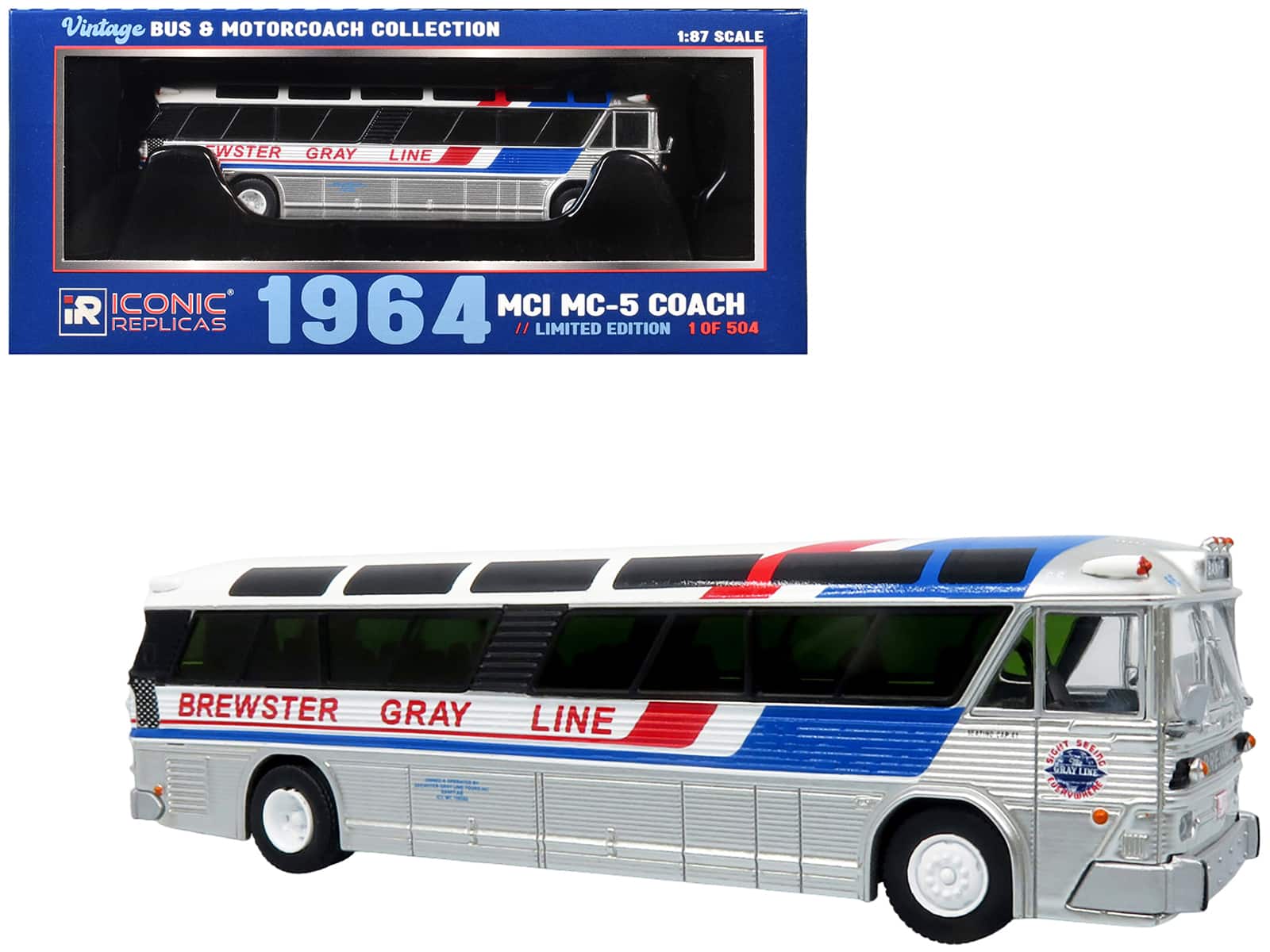 Iconic Replicas - 1964 MCI MC-5A Coach Bus Brewster Gray Line Silver Blue Red Stripes 1/87 HO Vintage Bus Motorcoach Limited 504 pcs - Multicolor